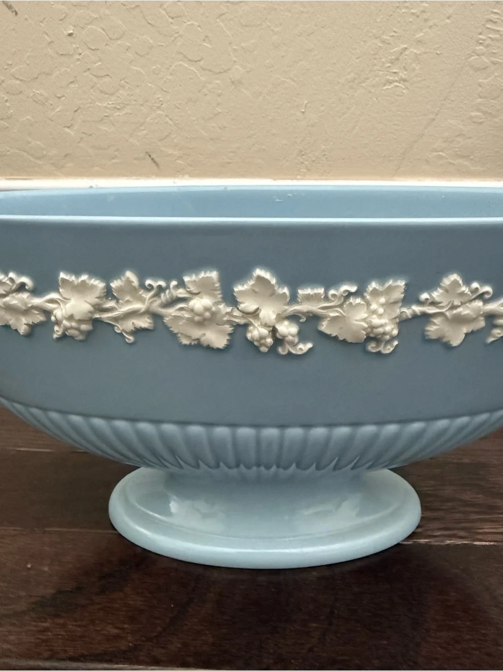 Wedgwood Pale Blue Pedestal Bowl with White Vine